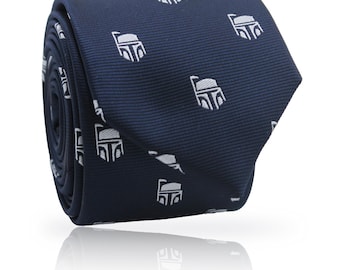 Embroidered Silver Helmet Navy Blue Tie: Mandalorian Necktie, Star War Gift for Groom
