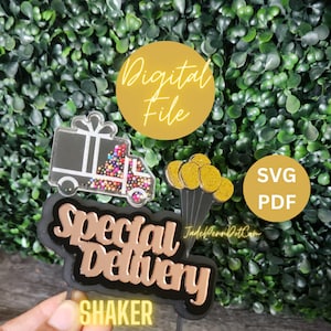 Digitales Design-Datei Cake Topper Shaker spezielle Lieferung Gender Reveal Babyparty Einzigartige Laserschneider PDF SVG Ausschnittfreundlich