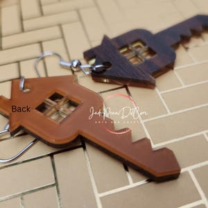 Realtor Key Earrings Real Estate Gift Jewelry Faux Wood Double Sided Orange Acrylic Gift Fashion