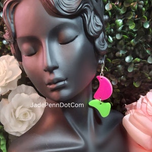 Organic Shape Acrylic Earrings - Lime Green - Hot Pink - 80s - 90s - Dangle Jewelry - Pop Color - Gift - Fashion