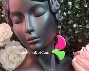 Organic Shape Acrylic Earrings - Lime Green - Hot Pink - 80s - 90s - Dangle Jewelry - Pop Color - Gift - Fashion