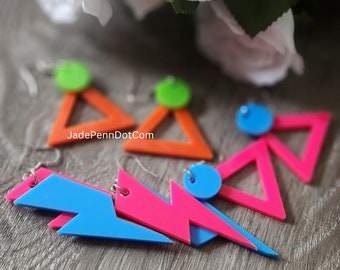 Triangle Earrings Acrylic Laser Cut Design Layered 90s 80s Style Geometric Hot Pink Blue Lime Green Orange
