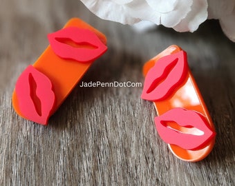 Orange Earrings Red Lip Round Edge Rectangle Organic Shape Stud Backing
