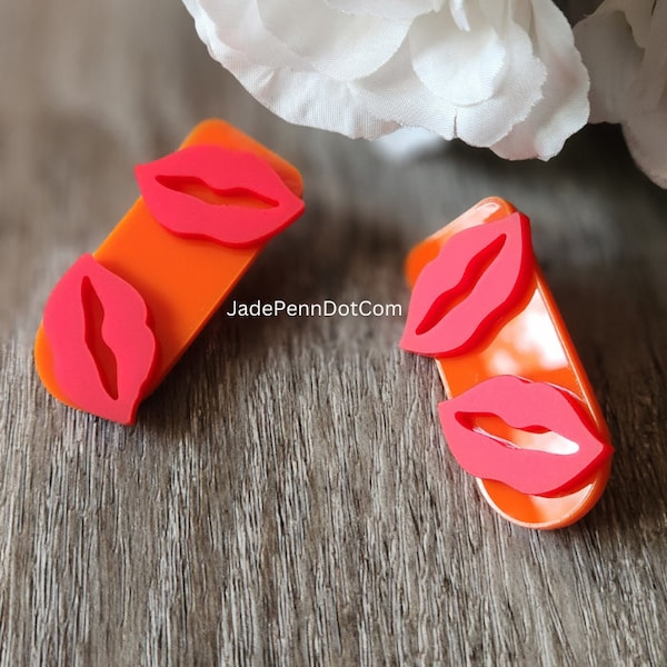 Orange Earrings Red Lip Round Edge Rectangle Organic Shape Stud Backing