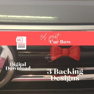 May include: A red 3D printed bow attached to a vehicle grille. The image includes text reading 3d print Car Bow, Digital Download, and 3 Backing Designs, along with an STL file icon and a circular logo for Jade Dean Decor.