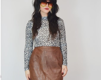 Vintage 80s Gloria Sachs Leather Pencil Skirt - Brown High-Waisted