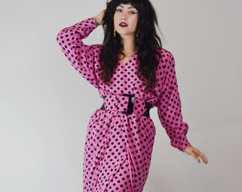 1980s Pink Polka Dot SILK Midi Vintage Dress - ANN LAWRENCE - Small