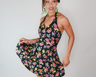 small - Vintage Betsey Johnson Floral Halter Dress Girlie Bright Flower Print Mini Dress