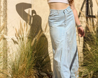 1970s Light Wash Vintage Maxi Denim Skirt