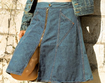 30 waist - 1970s Vintage A-Line Zipper Midi Skirt Dark Denim SEAFARER 70s Jeans