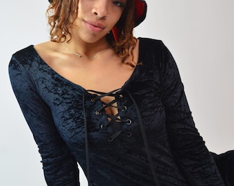 90s Betsey Johnson Velvet Mini Dress - Vintage Gothic Lace-Up Long Sleeve
