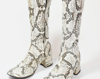 1960s Snakeskin Knee High Boots Vinyl Rock n Roll Kitten Heel Booties