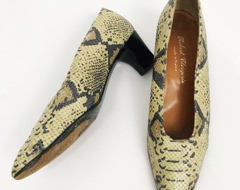 Size 7 - 7.5 ROBERT CLERGERIE Snakeskin Heels Vintage Slip On Kitten Heels 90s Designer Shoes