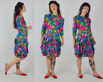 1990s Dress | Small | Vintage SILK Floral Dress 90s Preppy Drop Waist Ruffle Skirt