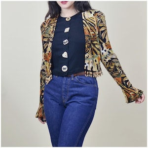 Vintage XS PLATINUM Animalia Print Blouse - Crop Pettite Beaded Fringe Black Tiki Rayon Top With Jungle Cat Buttons