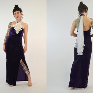 Petite robe longue en velours des années 90, robe dos nu vintage des années 90, robe de bal ajustée en velours violet image 1