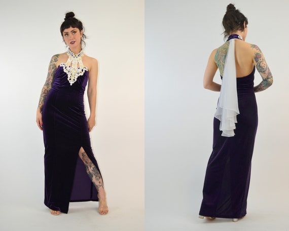 SMALL 1990s Velvet Maxi Dress Vintage Halter Dres… - image 1