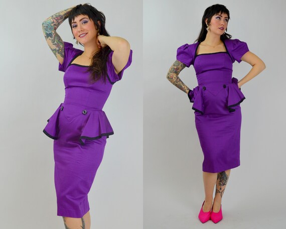 SMALL 1990s Purple Peplum Dress Vintage 90s Cut O… - image 5