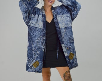 Jaqueta patchwork grande dos anos 80 – Kimono vintage em imitação de jeans japonês. Casaco oversized com estampa jeans.