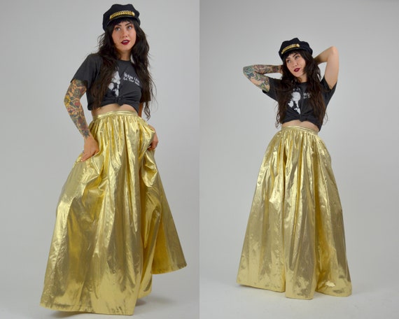 SMALL 1970s Gold Metallic Skirt Vintage Maxi Skirt