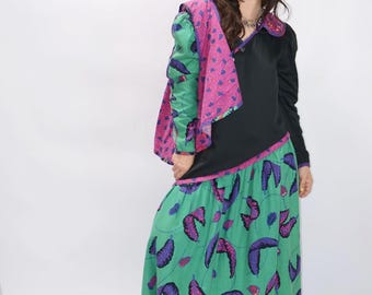 Vintage 80s Jeanne Marc Dress | Novelty Print Long Sleeve, Size 8