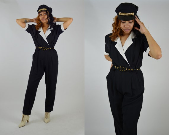Black Jumpsuit Vintage 1980s Rayon Jumpsuit 80s Ta