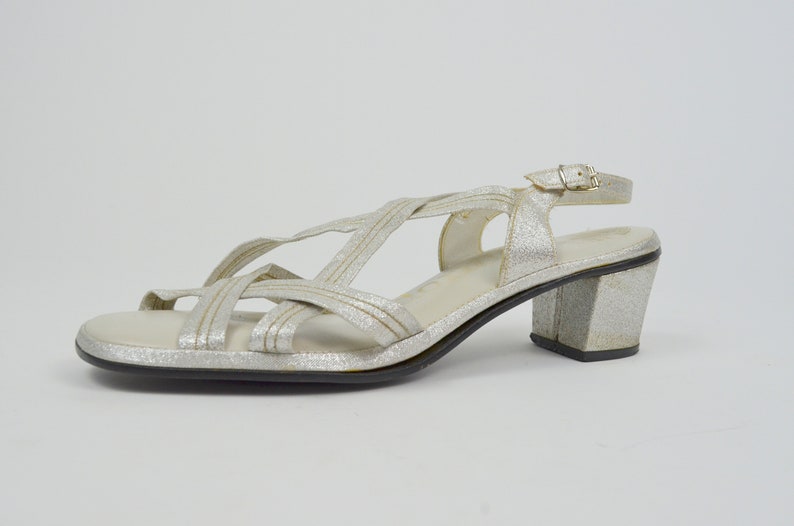 8 VINTAGE 60s Silver Heels 1960s Strappy Slingback Kitten Heels image 3