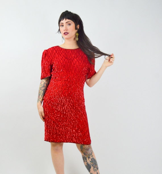 MEDIUM 1980s SILK Sequin Party Dress Vintage Red … - image 5