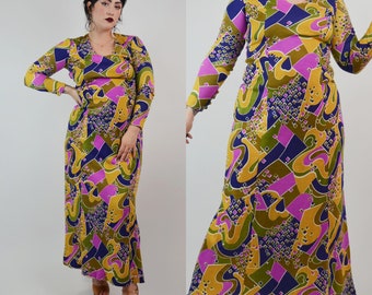 SMALL - 1970s Groovy Maxi Dress Vintage 70s