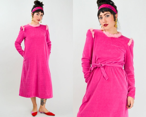 SMALL MEDIUM 1970s Pink Velvet Dress 