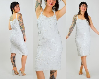 1960s Medium GENE SHELLY Pailletten-Kleid – Vintage Weißes Cocktail-Kleid