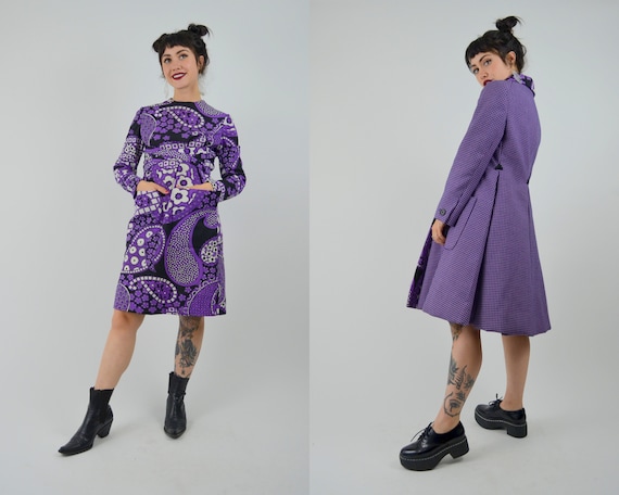 Geoffrey Beene, 1960s Geoffrey Beene Mod Dress & Jacket Set: Purple Floral, Saks Fifth Avenue