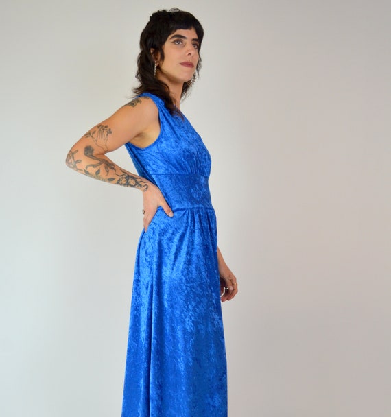 S-M 1970s One Shoulder Blue VELVET Maxi Asymmetri… - image 2