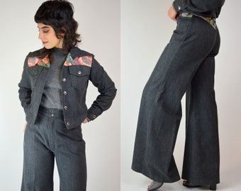 XS 1970s Denim 2 Piece Set Vintage Floral Bell Bottoms