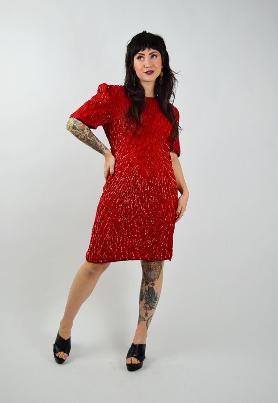 MEDIUM 1980s SILK Sequin Party Dress Vintage Red … - image 7