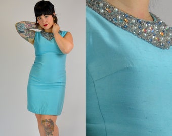 1960s Wiggle Shift Dress Raw Silk with Rhinestone Collar - Medium