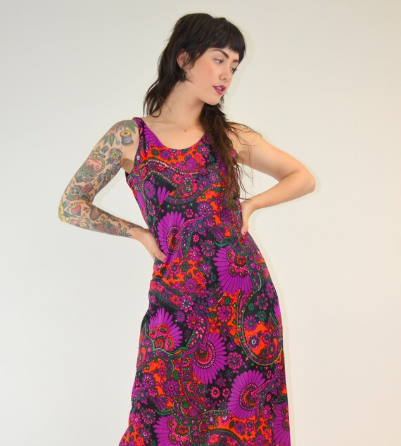 S-M 60s Long Slinky Maxi Dress Vintage Beaded Psyc