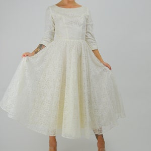1950s White Lace Wedding Dress: Mid-Century Bridal Gown, XS