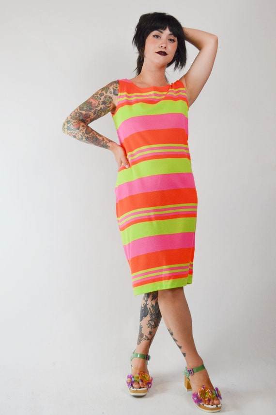 large - vintage 1960's Neon Stripe Dress Selected 