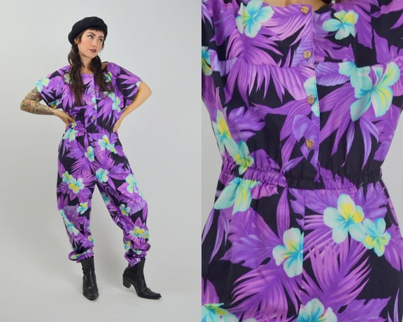 MEDIUM 1980s Floral Jumpsuit Vintage Bold Tropical