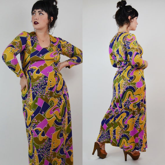 SMALL - 1970s Groovy Maxi Dress Vintage 70s - image 6