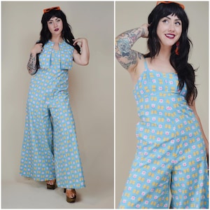 SMALL MEDIUM 1960s Two Piece Wide Leg COTTON Jumpsuit Vintage Funky Elephant Bells Vtg Wide Leg Floral