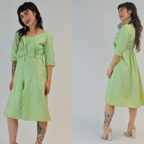 XS/SMALL 1960s Two Piece Dress Set Vintage Pistachio Green Wiggle Dress with Overcoat 60s Mad Men Outfit