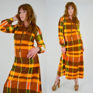 1970s Autumn Plaid Maxi Dress - XS/Small