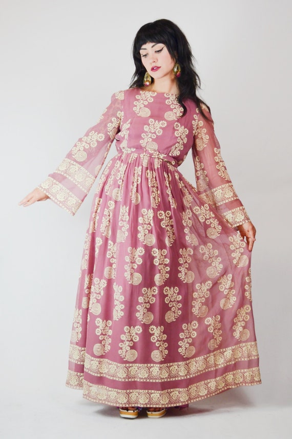 1970s Floral Rayon Gown – Vintage Saks Fifth Avenue Bell Sleeve Maxi Dress