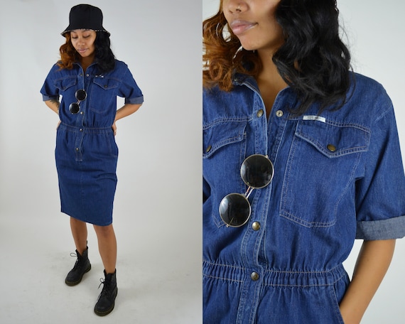 SMALL 1990s Denim Coverall Dress Vintage Jean - image 1