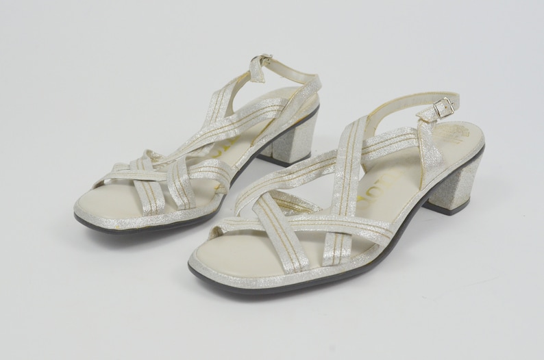 8 VINTAGE 60s Silver Heels 1960s Strappy Slingback Kitten Heels image 4