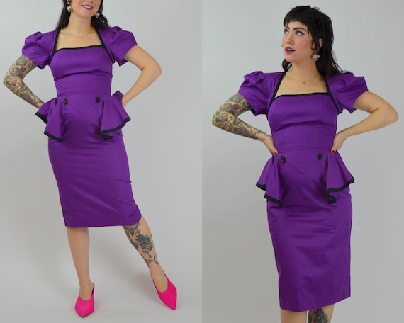 SMALL 1990s Purple Peplum Dress Vintage 90s Cut O… - image 6