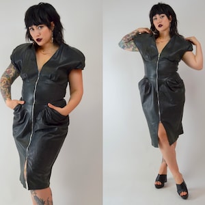 1980s LEATHER Wiggle Dress Vintage Black 80s Fitted Dress - MEDIUM