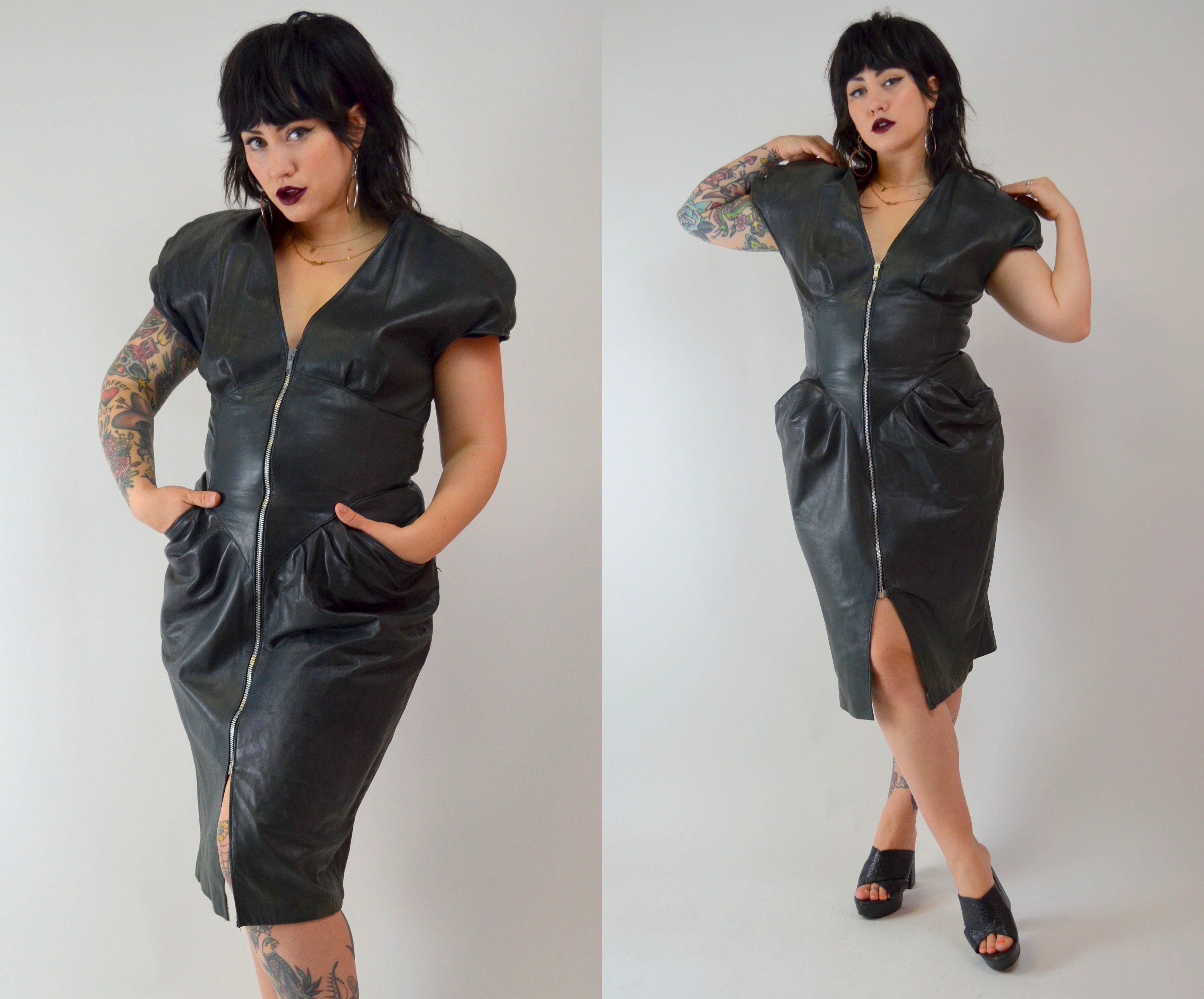 1980s LEATHER Wiggle Dress Vintage Black 80s Fitted Dress MEDIUM Etsy